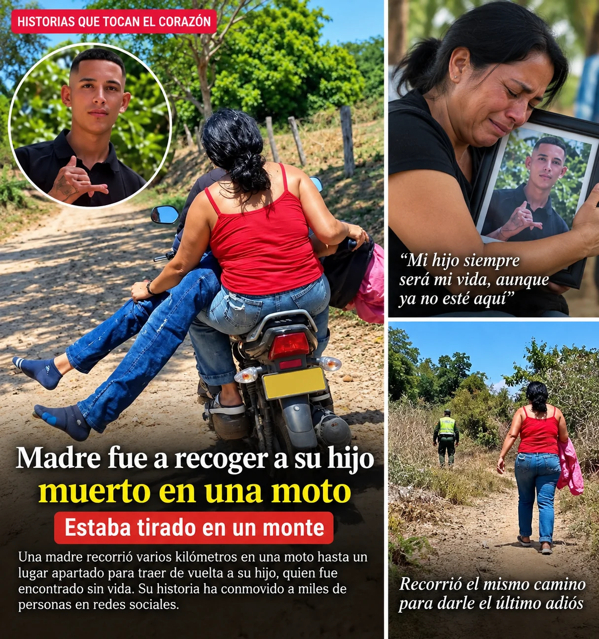 Composición editorial sobre el duelo de una madre y un camino rural