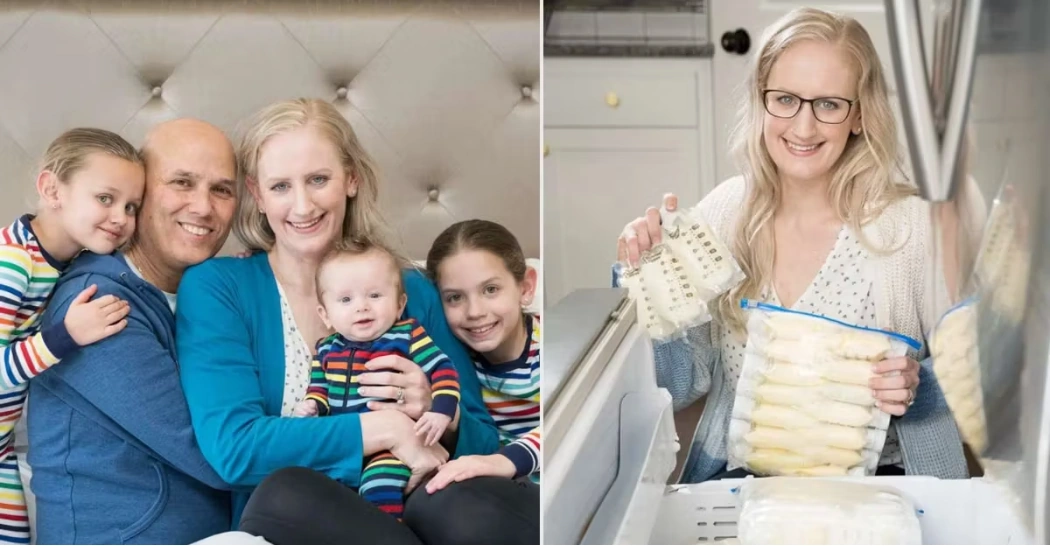 Elisabeth Anderson-Sierra junto a su familia y almacenando leche materna