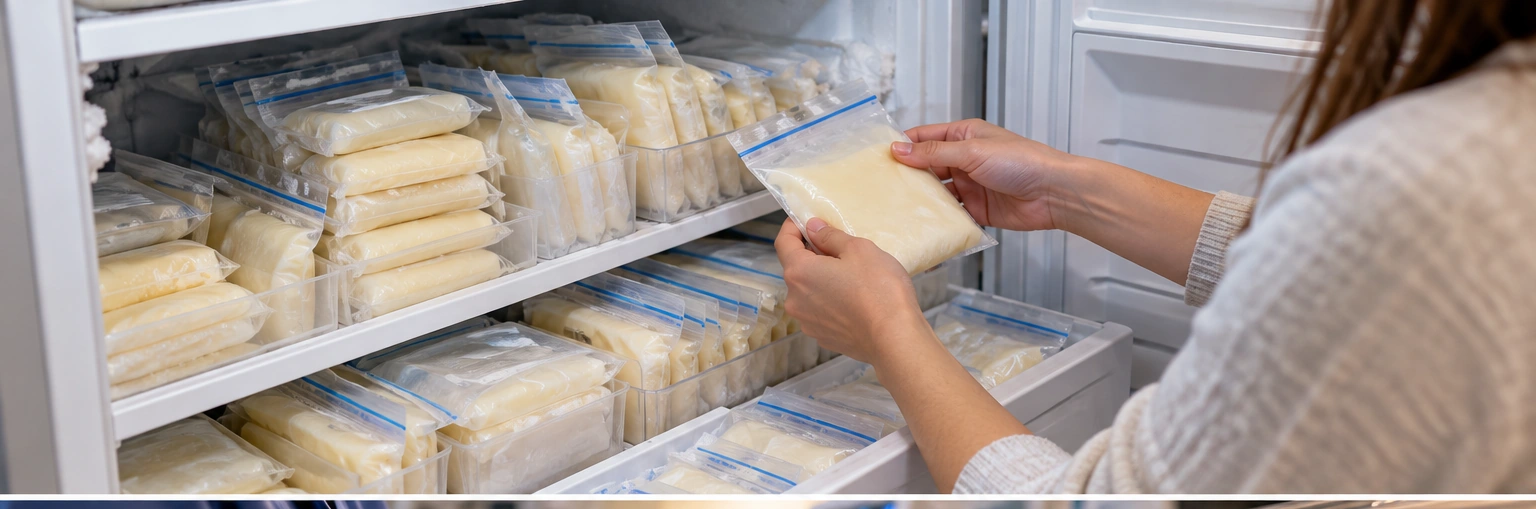 Bolsas de leche materna almacenadas cuidadosamente en un congelador
