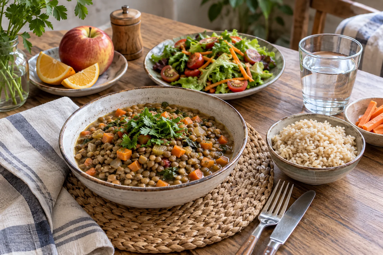 Mesa con lentejas, verduras, arroz y fruta; escena ilustrativa generada por IA