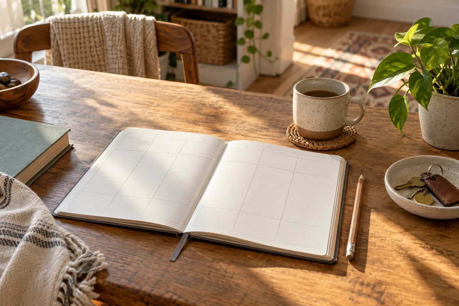 Agenda abierta, lápiz y taza en una mesa de casa; escena ilustrativa generada por IA
